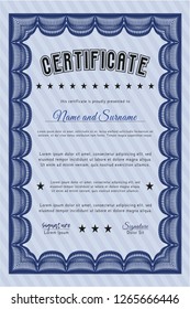 Blue Classic Certificate template. Vector illustration. With complex linear background. Money design. 