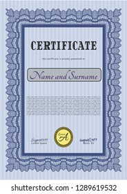 Blue Classic Certificate template. Vector illustration. Easy to print. Perfect design. 