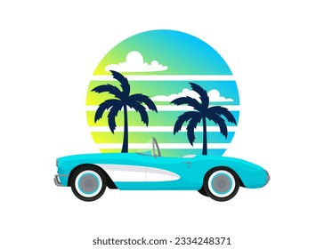 Blue classic corvette car. Summer sunset with palm trees background in retro vintage style. Design t-shirt, print, sticker, poster. Vector svg