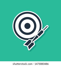 Blue Classic dart board and arrow icon isolated on green background. Dartboard sign. Game concept.  Vector Illustration