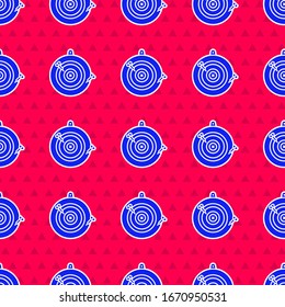 Blue Classic dart board and arrow icon isolated seamless pattern on red background. Dartboard sign. Game concept.  Vector Illustration