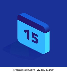 Blue classic desk calendar page with date icon in isometric view. Business meeting reminder, project deadline, office time management concept. Vector illustration isolated on white background
