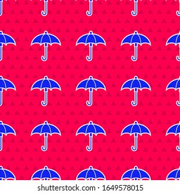 Blue Classic elegant opened umbrella icon isolated seamless pattern on red background. Rain protection symbol.  Vector Illustration
