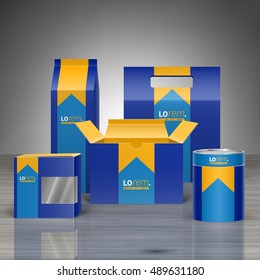 Blue classic promotional package design for corporate identity with orange central element. Stationery set