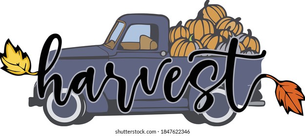 Blue classic retro truck filled with pumpkins and the words harvest. 