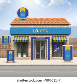Blue classic store design with orange central element. Elements of outdoor advertising. Corporate identity