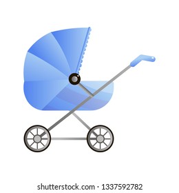 Blue classic stroller for newborns with big visor on white