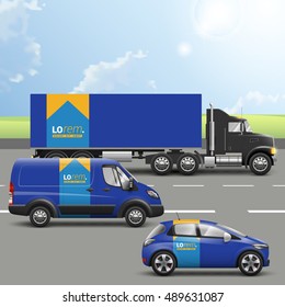 Blue classic transport advertising design with orange central element. Templates of the truck, bus and passenger car. Corporate identity