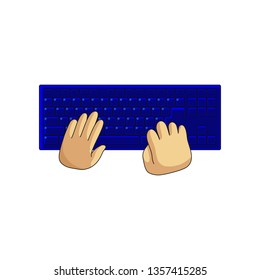 Blue classical keyboard and user hands isolated on white background