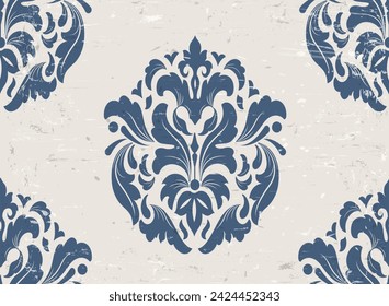Azul clásico de lujo damasco sin patrón grunge fondo. Vector real victoriano textura sin fisuras, papel pintado barroco floral, adorno damasco a la antigua