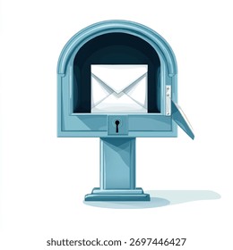 A blue, classic-style mailbox with an arched top, featuring a white envelope visible inside. The mailbox has a keyhole and a small door on the side.