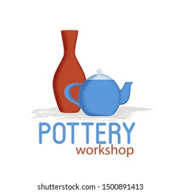 Blue clay teapot and red vase with textured shadow on white background. Handcrafted pottery store banner. Handmade ceramics vector illustration. Pottery workshop logo.