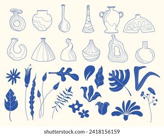 Blue Clay Vase and Pot Ceramic pottery set and Botanical Floral flowers, seamless leaves and plants editable isolated on background ink line simplify illustration variety, diversity, flowerist	
