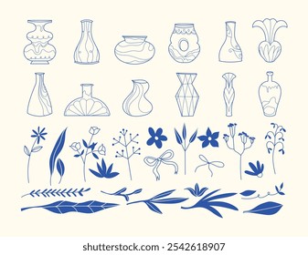 Blue Clay Vase and Pot Ceramic pottery set and Botanical Floral flowers, seamless leaves and plants editable isolated on background ink line simplify illustration variety, diversity, flowerist, leaf