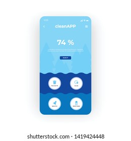 Blue Clean App UI, UX, GUI screen for mobile apps design. Modern responsive user interface design of mobile applications including security, trash and battery icons