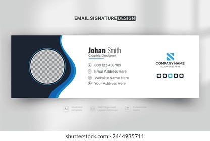 blue clean elegant corporate business email signature template with an author photo place | Modern horizontal layout for custom e-mail, web signatures, banner, ads, email footer