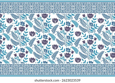 blue clean floral print. simple flower sketch. elegant outline border. seamless botanical design. modern textile pattern. hand drawn floral repeat
