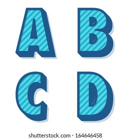 Blue clean vector retro 3d striped alphabet and numbers A,B,C,D