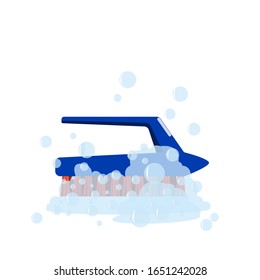 Pincel limpiador azul en espuma de jabón aislado en un fondo blanco. Ilustración vectorial.