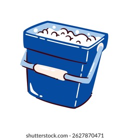 Blue cleaning bucket filled with white soap bubbles and sturdy handle, perfect for washing and cleaning tasks. Vector illustration in cartoon doodle style for household, hygiene, or janitorial design.