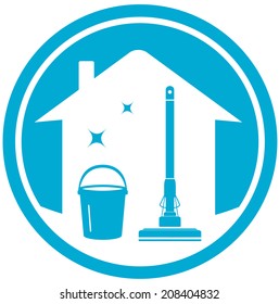 blue cleaning house icon with mop and bucket