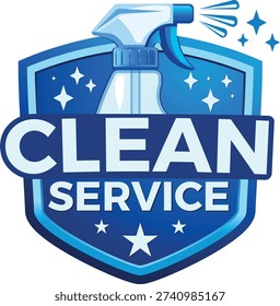 Blue cleaning service badge logo with spray bottle and stars symbolizing hygiene and quality guarantee.