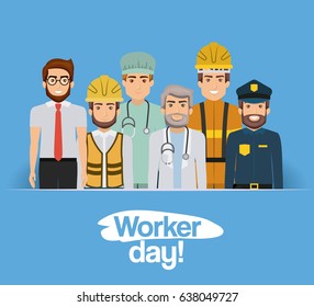 blue clear card with group of male workers on worker day vector illustration
