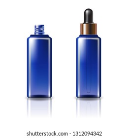 Blue clear cosmetic square bottle with black-copper dropper lid for beauty, healthy product. Isolated on white background with reflection shadow. Ready to use for package design. Vector illustration.