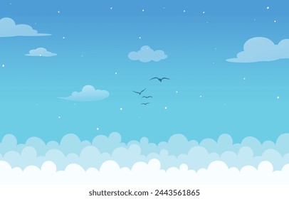 blue clear sky background, 2d sky cartoon design in Paper Cut, Fluffy clouds, Blue sky with cloud, weather, summer season outdoor- light background, A flock of flying birds