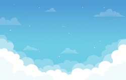 Blue Clear Sky Background, Clean Sky, 2d Cartoon,  Anime Style Background With Shining White Fluffy Clouds, Weather, Summer Season Outdoor- Light Background, Vector, Vector BG