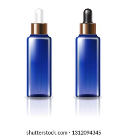 Blue clear square cosmetic bottle with white-black dropper lid for beauty, healthy product. Isolated on white background with reflection shadow. Ready to use for package design. Vector illustration.