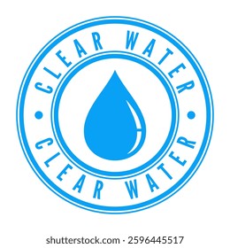 Blue Clear Water isolated round stamp, sticker, sign with Water Drop icon vector illustration