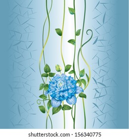 blue clematis on grey-blue texture with  grange edges