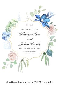 Blue clematis and sage green eucalyptus, magnolia, dusty blue hyacinth, bell flower, pink rose flower vector design frame. Floral pastel watercolor wedding card. All elements are isolated and editable
