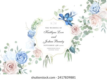 Blue clematis and sage green eucalyptus, magnolia, dusty blue hyacinth, bell flower, pink rose flower vector design frame. Floral pastel watercolor wedding card. All elements are isolated and editable