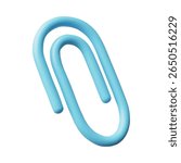 Blue clip 3D cartoon plastic style vector illustration. Paperclip for file document attachment render icon. Volume stationery tool, organizer accessory, office supplies isolated on white background