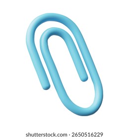 Blue clip 3D cartoon plastic style vector illustration. Paperclip for file document attachment render icon. Volume stationery tool, organizer accessory, office supplies isolated on white background