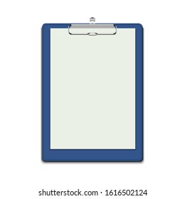 blue clipboard with blank page, empty, front, white background,