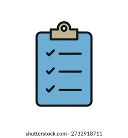A blue clipboard with a checklist, featuring three checkmarks and lines, symbolizing tasks, to-do lists, and organization.