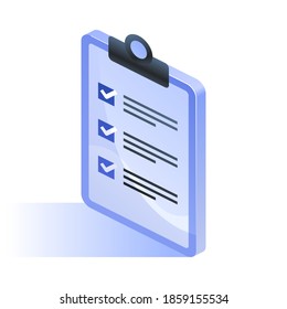 Blue clipboard with checklist icon in isometric view. To-do list with check marks, work tasks in office, time management tool, questionnaires concept. Vector illustration isolated on white background