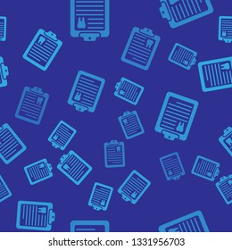 Blue Clipboard with dental card or patient medical records icon isolated seamless pattern on blue background. Dental insurance. Dental clinic report. Vector Illustration