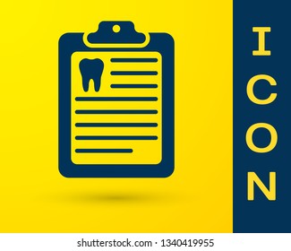 Blue Clipboard with dental card or patient medical records icon isolated on yellow background. Dental insurance. Dental clinic report. Vector Illustration