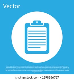 Blue Clipboard with document icon isolated on blue background. White circle button. Flat design. Vector Illustration