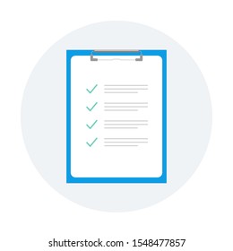 blue clipboard icon with checklist document paper.  flat design vector illustration