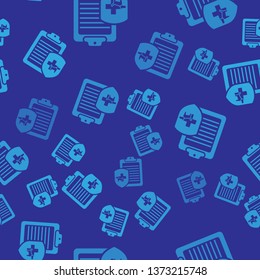 Blue Clipboard with medical clinical record pet icon isolated seamless pattern on blue background. Health insurance form. Medical check marks report. Vector Illustration