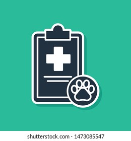 Blue Clipboard with medical clinical record pet icon isolated on green background. Health insurance form. Medical check marks report.  Vector Illustration