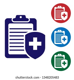 Blue Clipboard with medical insurance icon on white background. Patient protection. Clipboard and shield with a cross as a symbol insurance. Set color icon in circle buttons. Vector Illustration