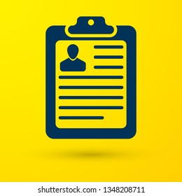 Blue Clipboard with resume and man silhouette icon isolated on yellow background. CV application. Curriculum vitae, job application form with profile photo concept. Vector Illustration