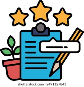 A blue clipboard with three stars and a pencil on it. The clipboard is used for writing notes or ideas