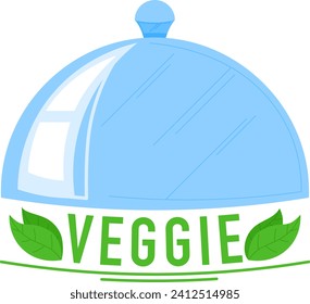 Blue cloche with green VEGGIE text and leaves, food cover for vegetarian dishes. Healthy eating and diet concept vector illustration.